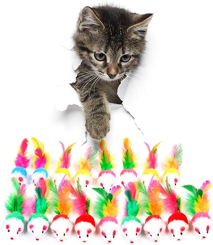 FYNIGO Cat Mouse Toys,17 PCS Cat Toy Mice Rattle Set,Interactive Cat Toy for Indoor Cats and Kittens,Assorted Color Catnip Toys with Feather Tail