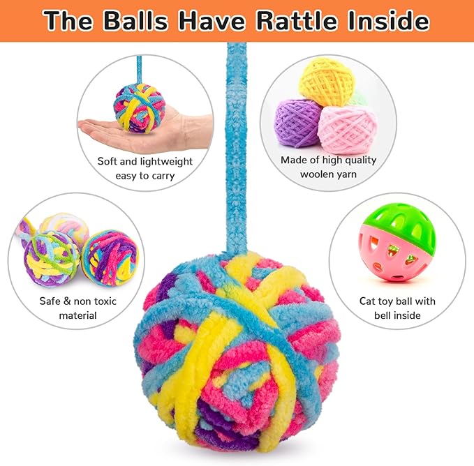 Retro Shaw Interactive Cat Toys for Indoor Cats Kittens,6 Pcs Cat Toy Balls with Bell Inside,Woolen Yarn Ball Kitten Toys for Bored Cats Pastime,Kitty Toys Fuzzy Ball with String
