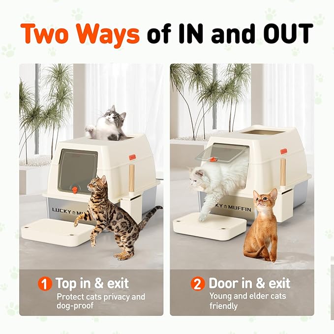 3 in 1 Premium Stainless Steel Cat Litter Box with Removable Lid, Enclosed XL Extra Large High-Sided Metal Box for Big Kitty with Scoop, Top Entry, Odor Control, Anti-Leakage, Non-Sticky & Easy Clean