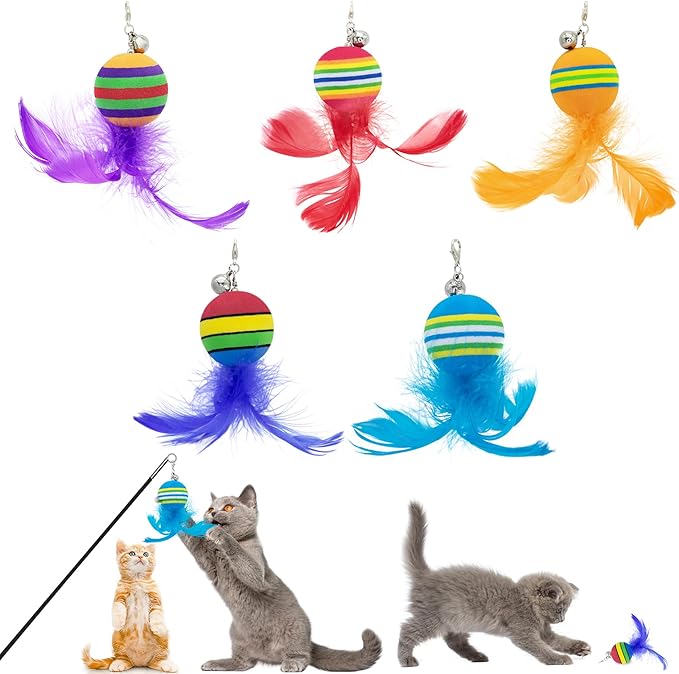 PET SHOW 5 Pack 1.4" Cat Feather Toys Balls with Bell Soft EVA Foam Colorful Rainbow Toy Balls Interactive Kitten Cats Pets Indoor Outdoor Play Activity Chase Training