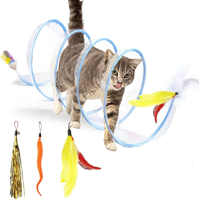 Cat Tunnel - Interactive S Type Folded Spring Toy, for Indoor Cats,Kitties, Rabbit and Small Puppy, Blue