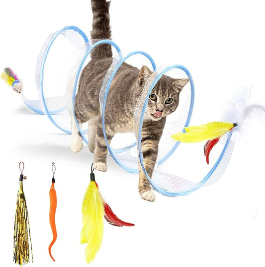 Cat Tunnel - Interactive S Type Folded Spring Toy, for Indoor Cats,Kitties, Rabbit and Small Puppy, Blue