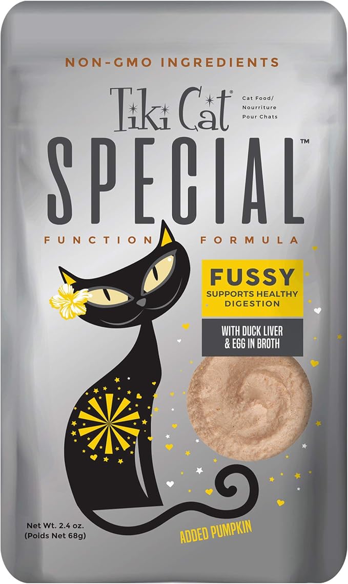 Tiki Cat Special Fussy Mousse, Duck Liver & Egg, Specially Formulated to Support Healthy Digestion, Functional Wet Cat for Adult Cats, 2.4 oz. Pouch (Pack of 12)