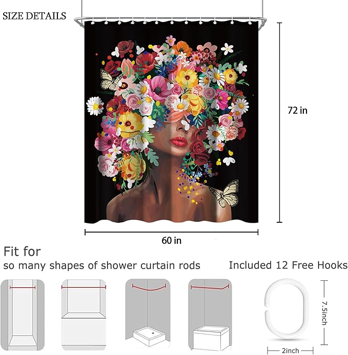 Black Girl Women Shower Curtain Sets for Bathroom 60Wx72H African America Shower Curtain Afro Lady Modern Colorful Flower Floral Polyester Bathtub Curtain Bathroom Decor with 12 Hooks