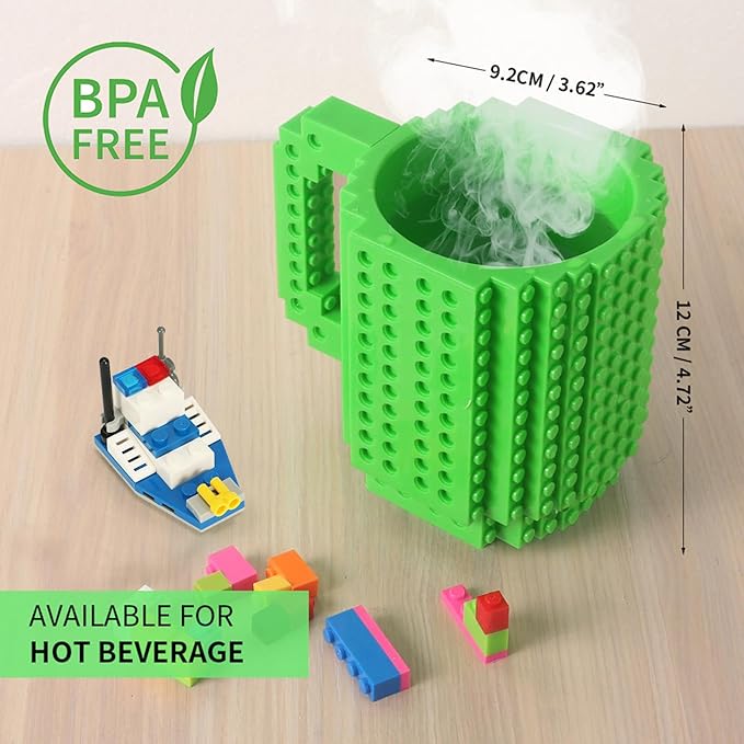Build-on Brick Coffee Mug, Funny DIY Novelty Cup with Building Blocks Creative for Kids Men Women Xmas Birthday (Green)