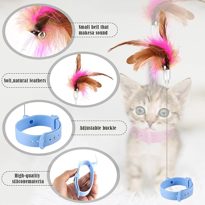 Cat Teasing Wand, Cat Teaser Wand Toy Silicone Adjustable Cat Feather Collar Toys with Bell Cat Interactive Teaser Toys for Indoor Cat Kittens Playing Exercise (Blue)