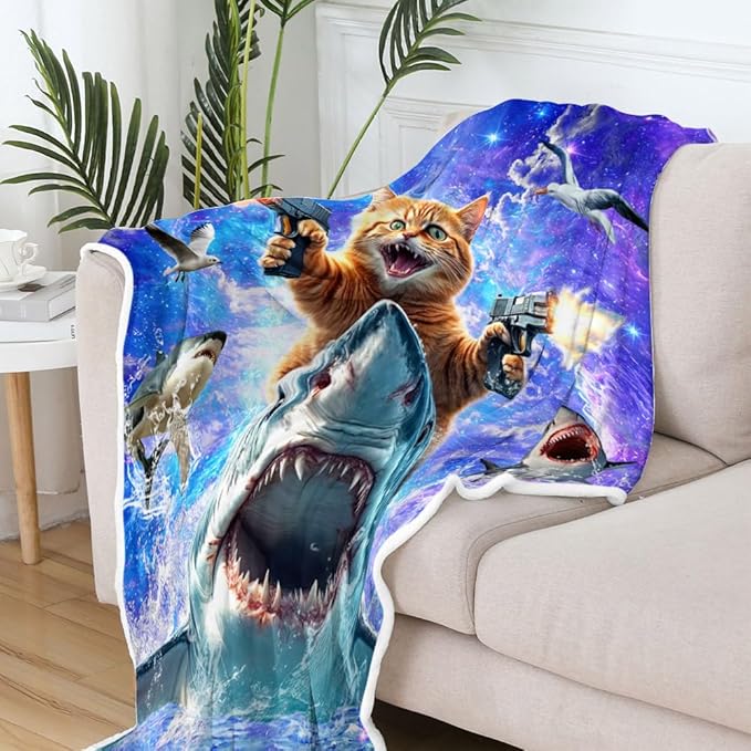 Funny Cat Blanket for Teens, Cool Cat Riding Shark Design Cute Cat Lover Throw Blankets for Girls Boys Adult Women Men Plush Cozy Flannel Fleece Ultra Soft Fuzzy Nebula Galaxy Kitten Party Blanket