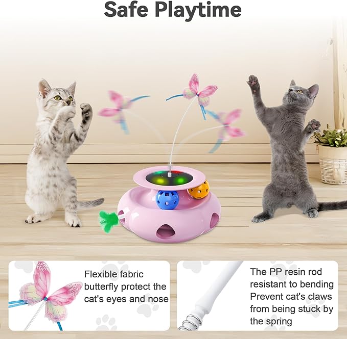 Cat Toys Interactive Rechargeable 3in1 Ambush Feather, Fluttering Butterfly, Track Balls, Touch Activated Automatic Kitten Toys for Indoor Cats