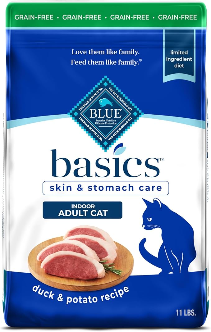 Blue Buffalo Basics Grain-Free Dry Cat Food, Skin & Stomach Care, Limited Ingredient Diet for Indoor Cats, Duck & Potato Recipe, 11-lb. Bag