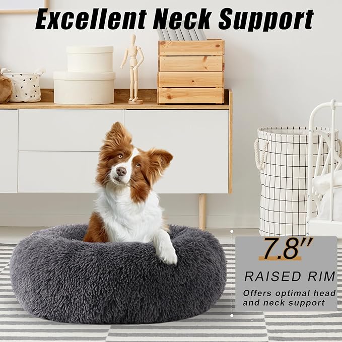 Calming Dog Bed, Dog Beds Fits up to 80 lbs Pets, Fluffy Donut Dog & Cat Bed Washable, Round Anti Anxiety Dog Bed, Small Dog Bed with Non-Slip Bottom (Dark Grey, 36" x 36")
