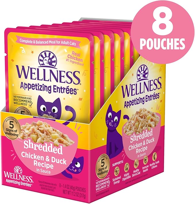 Wellness® Appetizing Entrées™ Shredded Chicken & Duck Recipe in Sauce Natural Wet Cat Food, 1.4 oz Pouch (Pack of 8)