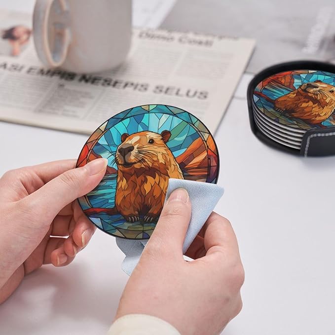 Capybara Drink Coaster Set of 6 With Holder - Leather Coasters for Table/Drinks/Coffee Protection - Housewarming Gift