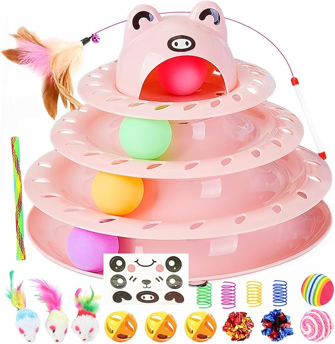 17 Pack Cat Toys, 4-Level Turntable Ball Track Interactive Cat Toy for Indoor Cats, Self Play Fun Roller with Colorful Rotating Ball Puzzle Exercise Kitten Toys Set