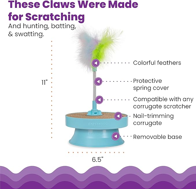 Catstages 2-in-1 Spring Toy Interactive Cat Toy and Topper for Cat Ball Track with Removable Feather Spring Toy and Corrugated Cat Scratcher, Blue