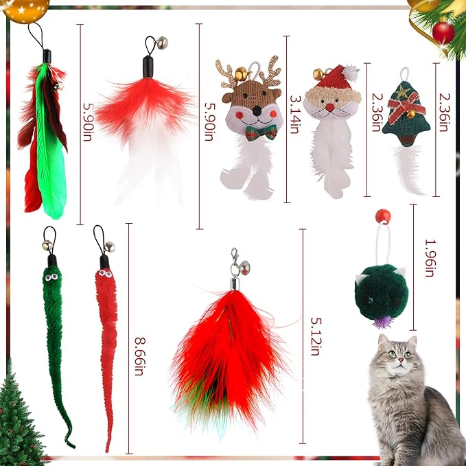HOSUKKO 10PCS Cat Toys for Christmas Catnip Toys Interactive Feather Toys for Indoor Cats Replaceable Kitten Feather Toys with Ring Bells Retractable Cat Wand Colorful Cute Kitten Toys Gift