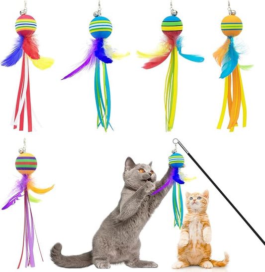 PET SHOW 5 Pack 1.4" Cat Feather Tassel Toys Balls with Bell Soft EVA Foam Colorful Rainbow Toy Balls Interactive Kitten Cats Pets Indoor Outdoor Play Activity Chase Training