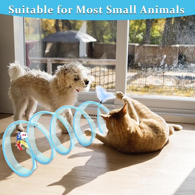 2 Pcs Folded Cat Tube Tunnel Interactive Spring Cat Tunnel Toy for Indoor Cats Exercise, Cat Tunnel Bed for Kitten, Cat Donut Tunnel Whisker Twister with Feather Mouse Toys, Blue & Green