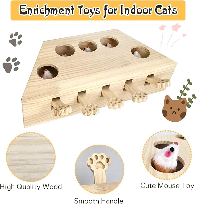 kathson Cat Enrichment Toys for Indoor Cats, Solid Wood Kitten Whack A Mole Interactive Box Catch Mice Game Cat Puzzle Toy for All Ages Cats Kittens Exercise Puzzle Relieve Boredom