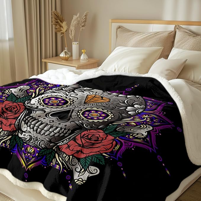 Sleepwish Lotus Skull Fleece Throw Blanket for Kids Girls Boys Soft Plush Purple Mandala Skull Sherpa Blanket for Couch Chair Bed, Queen (90" X 90")