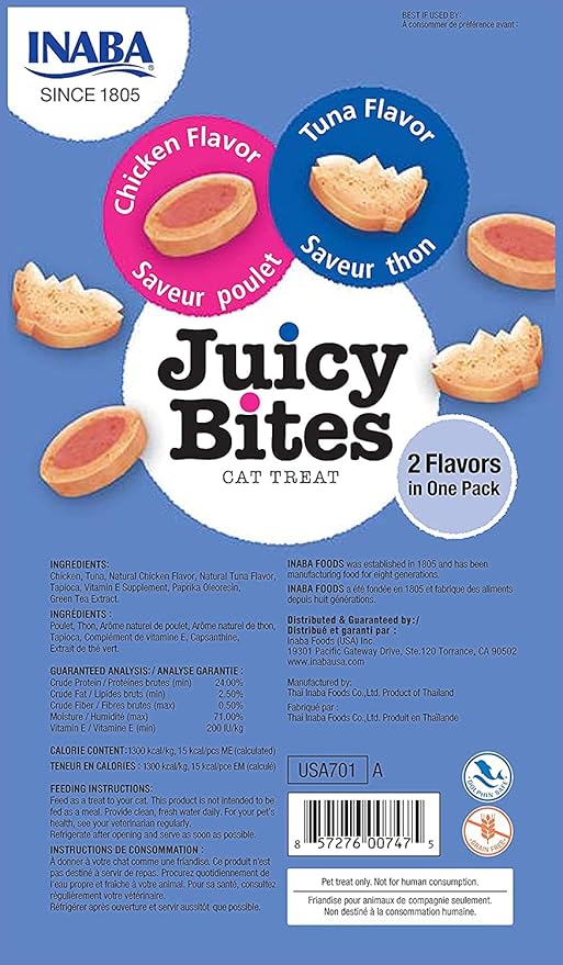 INABA Juicy Bites Grain-Free, Soft, Moist, Chewy Cat Treats with Vitamin E and Green Tea Extract, 0.4 Ounces per Pouch, 9 Pouches (3 per Pouch), Tuna and Chicken Flavor