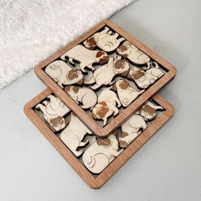 02 Pug Dog Coaster - Pug Dog Puzzle Wooden Coaster Set - Interlocking Jigsaw Drink Mats with Laser-Cut Design for Pug Lovers (Pug Dog)