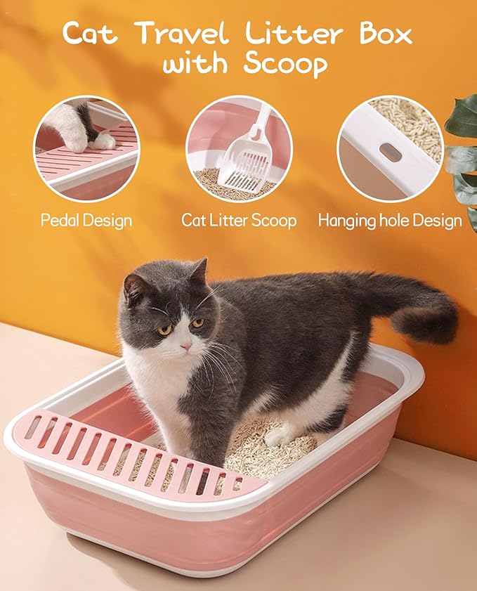 BNOSDM 8 Pcs Small Kitten Collapsible Litter Box Low Entry for Travel Set, Litter Boxes for Senior Cats, Foldable Cat Toilet, Open Small Litter Pan for Kittens (Pink)