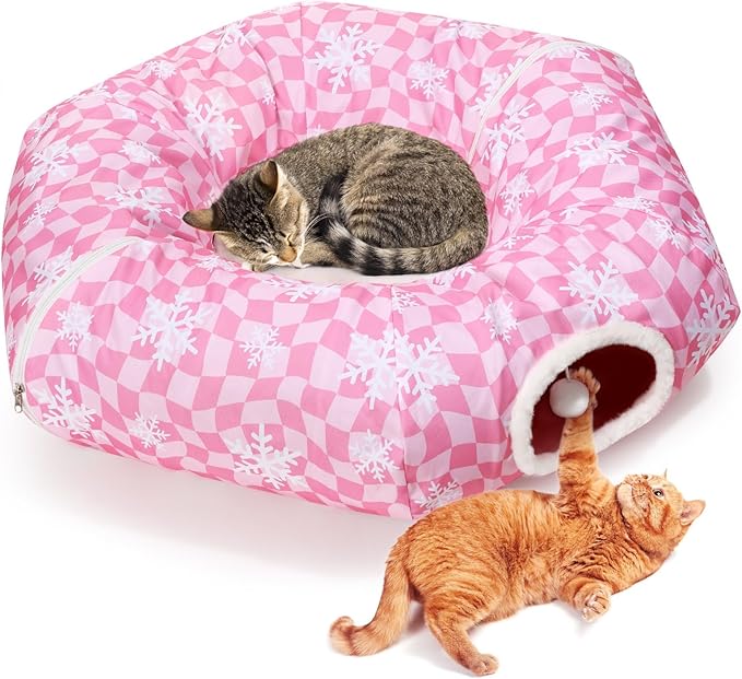 Pink Cat Tunnel Bed Peekaboo Cat Cave Donut Under Christmas Tree Pink Checker with Snowflakes Festive Decor Perfect for Small Medium Large Cats, Kittens, Rabbit, Ferret