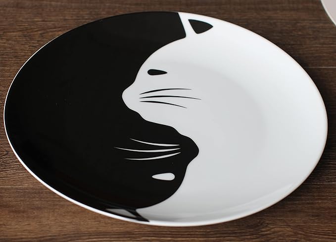 Black and White Cat Porcelain Plate Set, Best Gift For Cat Lover (10.5-inch dinner plate set)