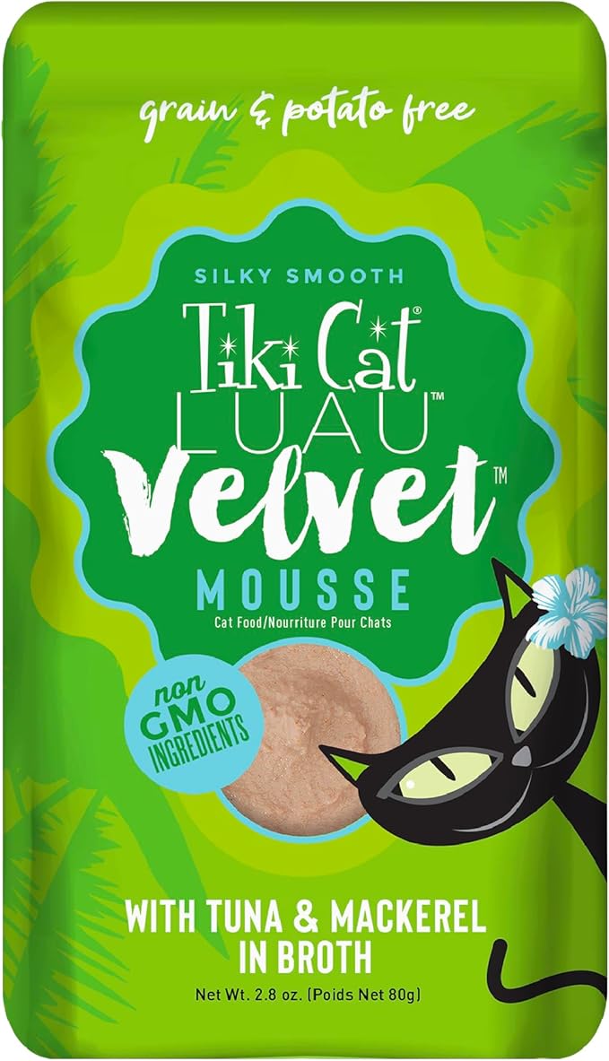 Tiki Cat Luau Velvet Mousse, Tuna & Mackerel in Broth, Complete Nutrition for Balanced Diet, Wet Cat Food For All Life Stages, 2.8 oz. Pouch (Pack of 12)