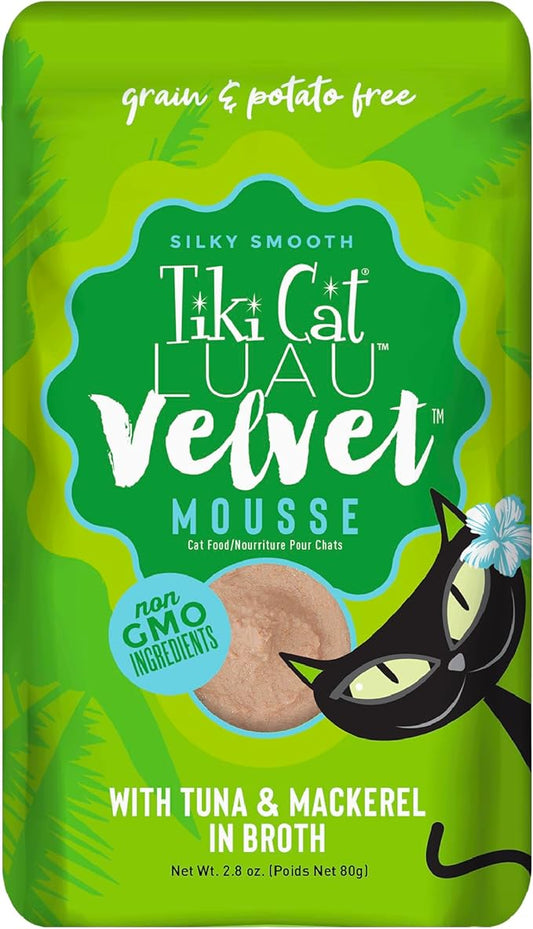 Tiki Cat Luau Velvet Mousse, Tuna & Mackerel in Broth, Complete Nutrition for Balanced Diet, Wet Cat Food For All Life Stages, 2.8 oz. Pouch (Pack of 12)