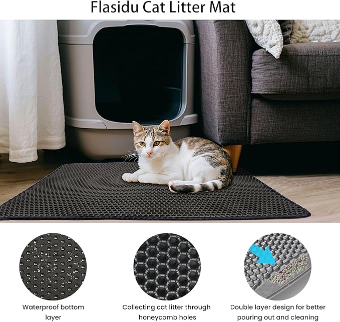 Black Cat Litter Mat, Anti-Tracking EVA, Waterproof & Non-Slip Honeycomb Design, Reusable & Easy to Clean（30x22in）