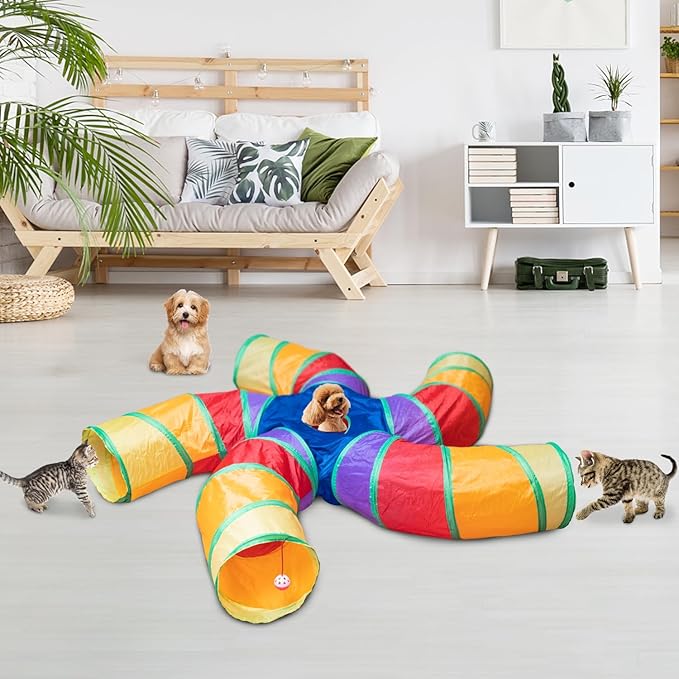 Depets Cat Tunnel for Indoor Cats, 5 Way Large Cat Tube with Play Ball, S-Shaped Folded Cat Play Tunnel Toy for Indoor Exercise, Durable Interactive Peephole Pet Tunnel for Cat Kitten Puppy Rabbit