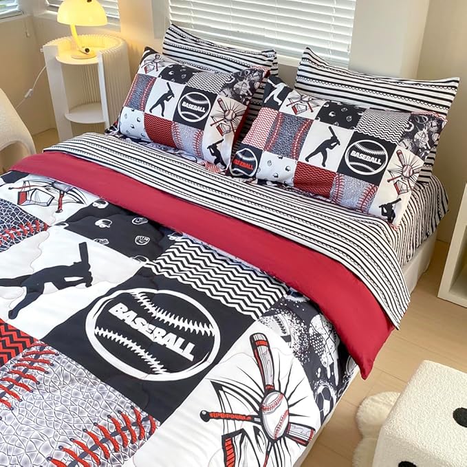 7 Piece Baseball Comforter Set Bed in A Bag Twin Size 3D Softball Sports Bedding Set for Boys Kids Microfiber Comforter All Season (1 Comforter, 1 Flat Sheet, 1 Fitted Sheet, 4 Pillowcase)