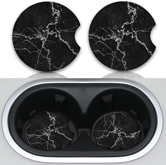 Car Accessories for Women&Man, Car Coasters for Cup Holders, Pack of 2 2.75inch Universal Anti Slip Car Assecories, Car Coasters with A Finger Notch(Black Marble)