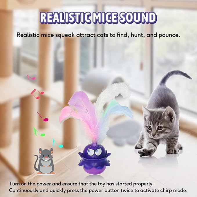 LEWISER Cat Toys Monster, 3in1 Rechargeable Automatic Interactive Cat Toy for Indoor Cats Exercise, Real Feathers, Silicone and Butterfly Tail, LED Lighting, Mice Squeak Chirping, Purple