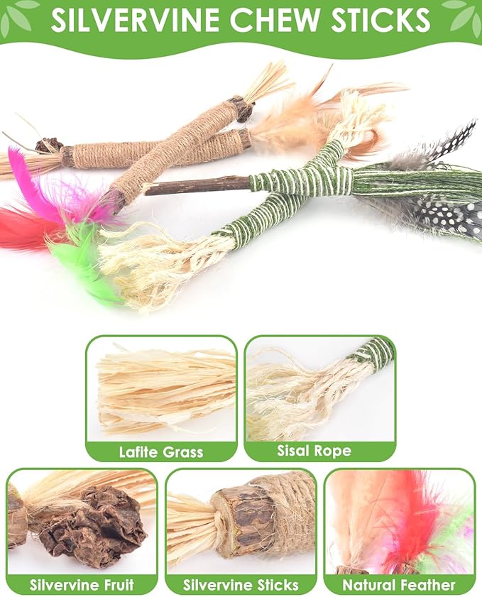 TINDTOP Silvervine Chew Sticks and Feather Toys, Interactive Cat Wand Toy with Catnip Refills Cute Muppet for Kitten Kitty