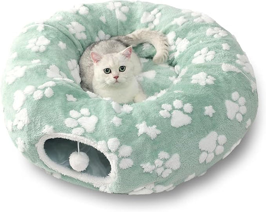 Cat Tunnel for Indoor Cats, Cute Peekaboo Cat Cave Play Tunnel with Dangling Balls, Pet Donut Tunnel Bed with Circle Mat for Cat Puppy Kitten Rabbit, Green