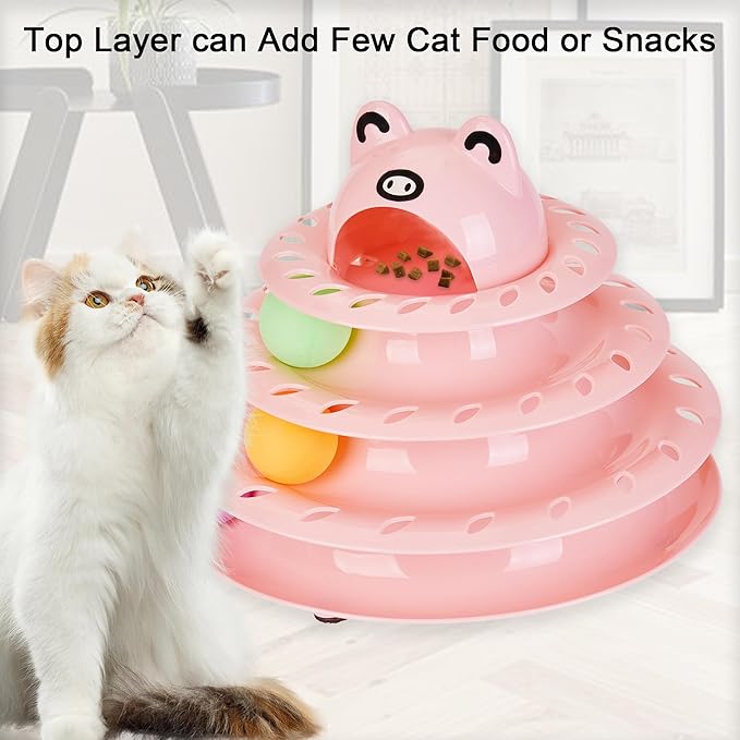 Suhaco Cat Toys Interactive for Indoor Cats Kitten Toy Fun Roller 4 Level Cat Teaser Ball Toys with 4 Colorful Balls Kitten Puzzle Toys for Boredom (Pink)