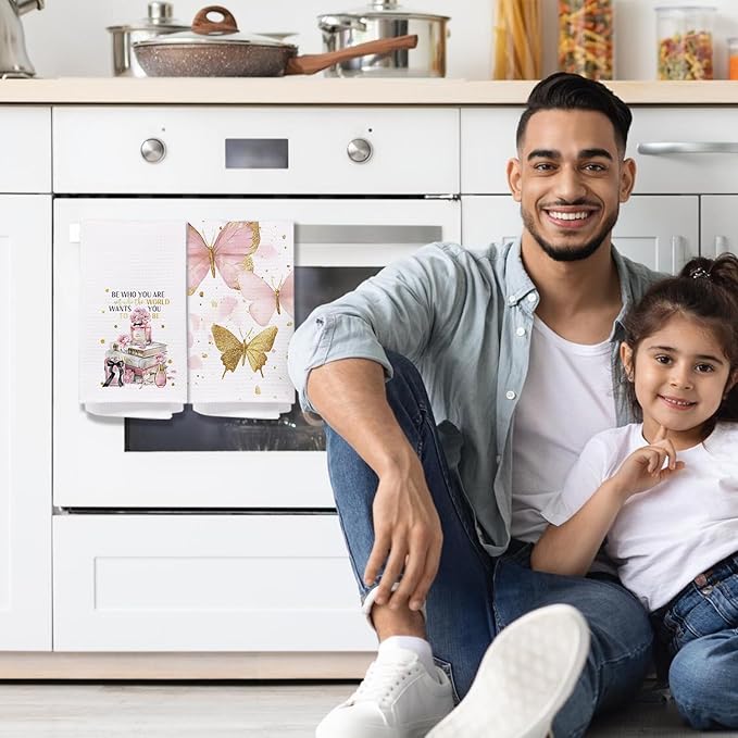 Pink and Gold Bathroom Decor Hand Towels Set of 2, Trendy Pink Fashion Floral Perfume Butterfly Decorative Hand Towels for Bathroom, Inspirational Gifts for Women, 16x24 Inch