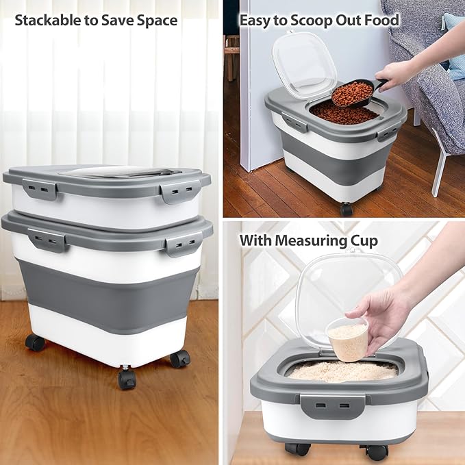 Dog Food Storage Container, 5-20Lbs Collapsible Pet Food Storage Containers with Rolling Wheel Airtight Locking Lid, Dry Food Storage Bin with Cup and Scoop,Suitable for Pet Food, Rice, Flour