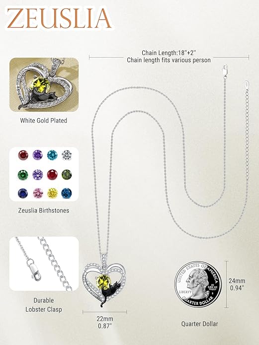 Birthstone Cat Necklaces,925 Sterling Silver Cat Necklace Heart Pendant for Women,Dainty Animal Jewelry for Her,Wedding Anniversary Birthday Gifts for Women Mom Grandma