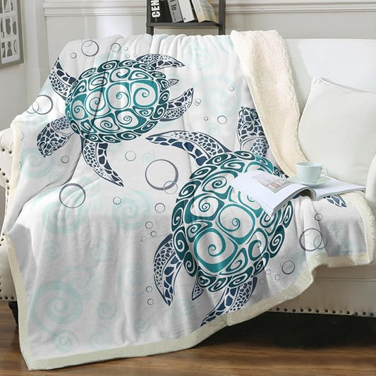 Sleepwish Sea Turtle Fleece Throw Blanket for Kids Soft Plush Aqua Blue Tortoise Sherpa Blanket for Couch Sofa Gift for Turtle Lovers, Twin (60" X 80")