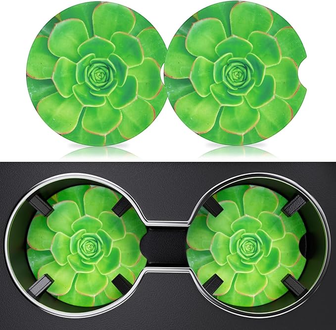 2 Pack Car Cup Holder Coaster, 2.63 inch Anti Slip Insert Absorbent Ceramic Car Coaster with Cork Base and Finger Notch, Cute Car Accessories Interior for Women, Cute Car Coasters., CH0025