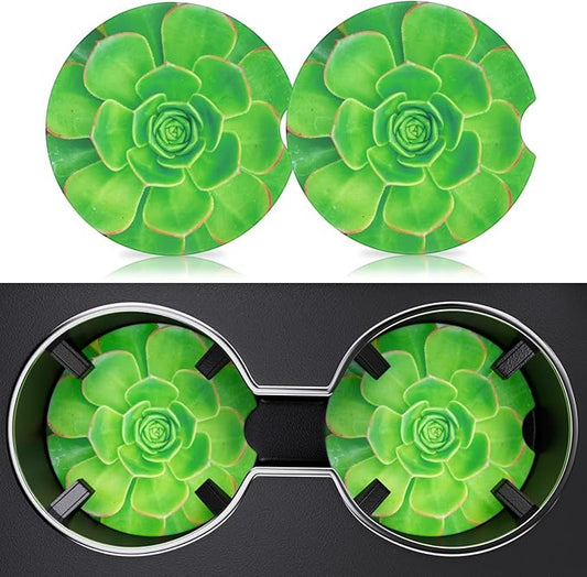 2 Pack Car Cup Holder Coaster, 2.63 inch Anti Slip Insert Absorbent Ceramic Car Coaster with Cork Base and Finger Notch, Cute Car Accessories Interior for Women, Cute Car Coasters., CH0025