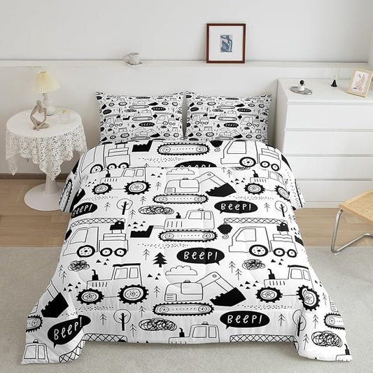 Cartoon Cars Kids Comforter Set Full Size,Tractor Truck Excavator Toddler Bedding Set,Girls Boys Adults Room Decor,Construction Vehicles Down Comforter,Black White Chic Duvet Insert,2 Pillowcases