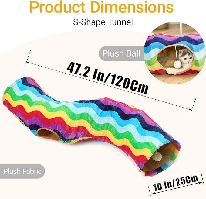 LUCKITTY Cat Tunnel - S-Shaped, Rainbow Wave Color, Soft Velvet Exterior, Oxford Fabric Fog-Proof Interior, Plush Toy Ball, Easily Washable, Conveniently Foldable, 47.2in/120cm