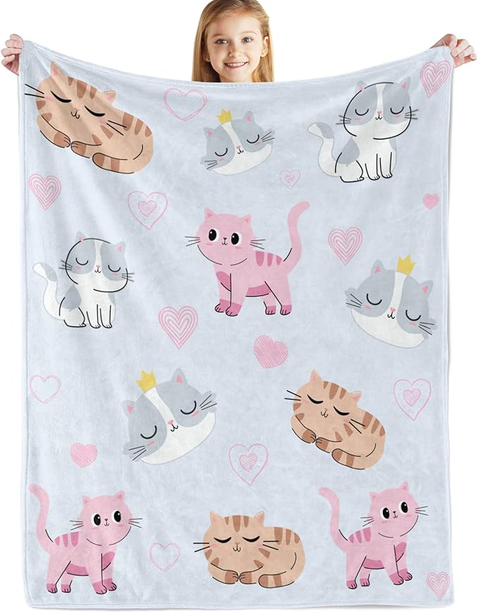 Cat Themed Blanket for Girls, Kitten Throw Flannel Soft Warm Plush Cute Cats Blanket for Kids Women Cat Lovers, All Season Bed Couch Living Room Decor 50"x60"