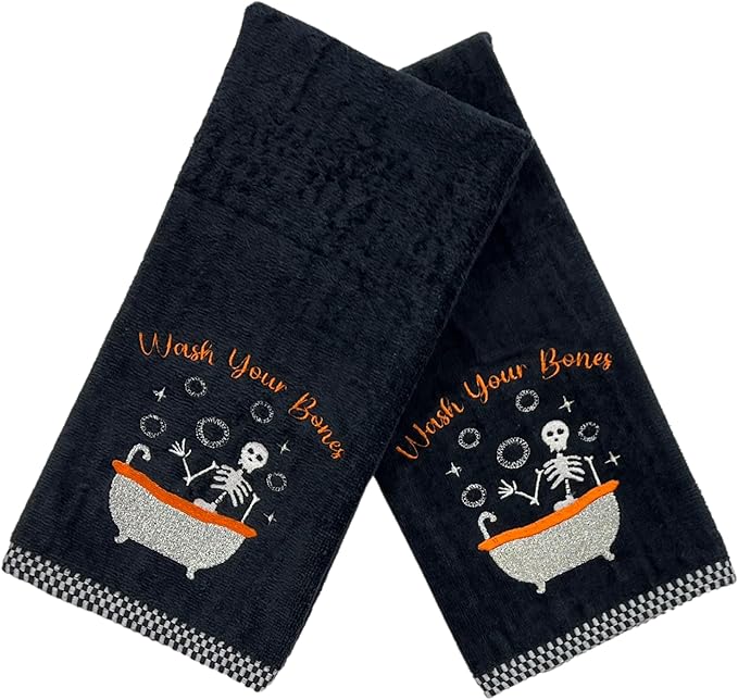 Halloween Bathroom Hand Towels, Embroidered Skeleton, Wash Your Bones Design, Set of 2, Black 16 x 25 inches