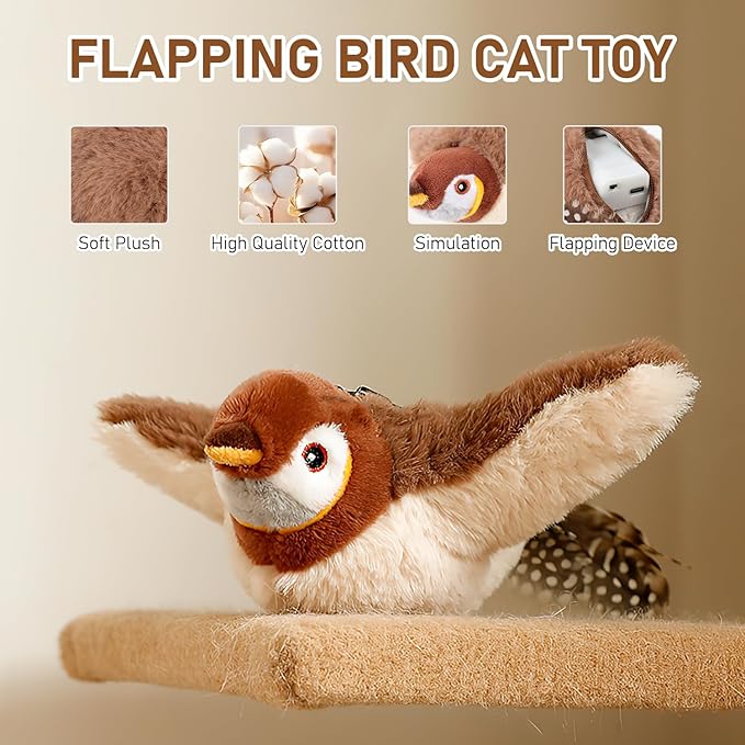 Simulated Chirping Bird Cat Toy,Flapping Chase Bird Cat Toy,Chirping Bird Cat Toy Flapping Wings,Flying Interactive Flapping Chirping Bird Cat Toy,Electric Sparrow Shaking Bird for Bored Indoor Cats