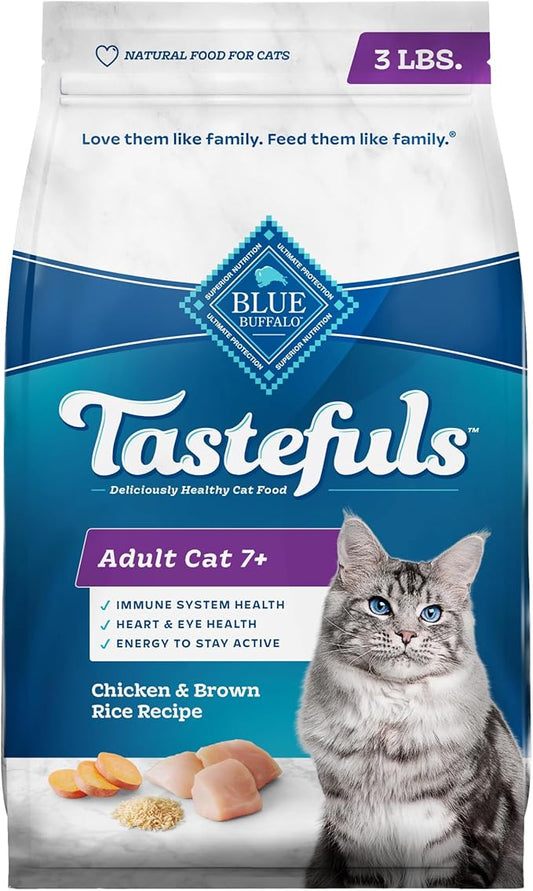 Blue Buffalo Tastefuls Mature Dry Cat Food for Adult Cats 7+, Made in the USA with Natural Ingredients, Chicken & Brown Rice Recipe, 3-lb. Bag